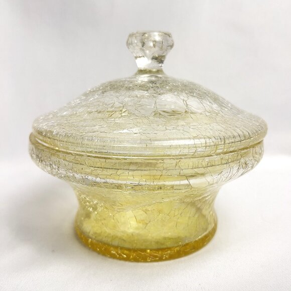 Yellow Crackle Glass Vintage Covered Dish Art Glass Vanity Jar Mid-Century Style - Picture 1 of 9